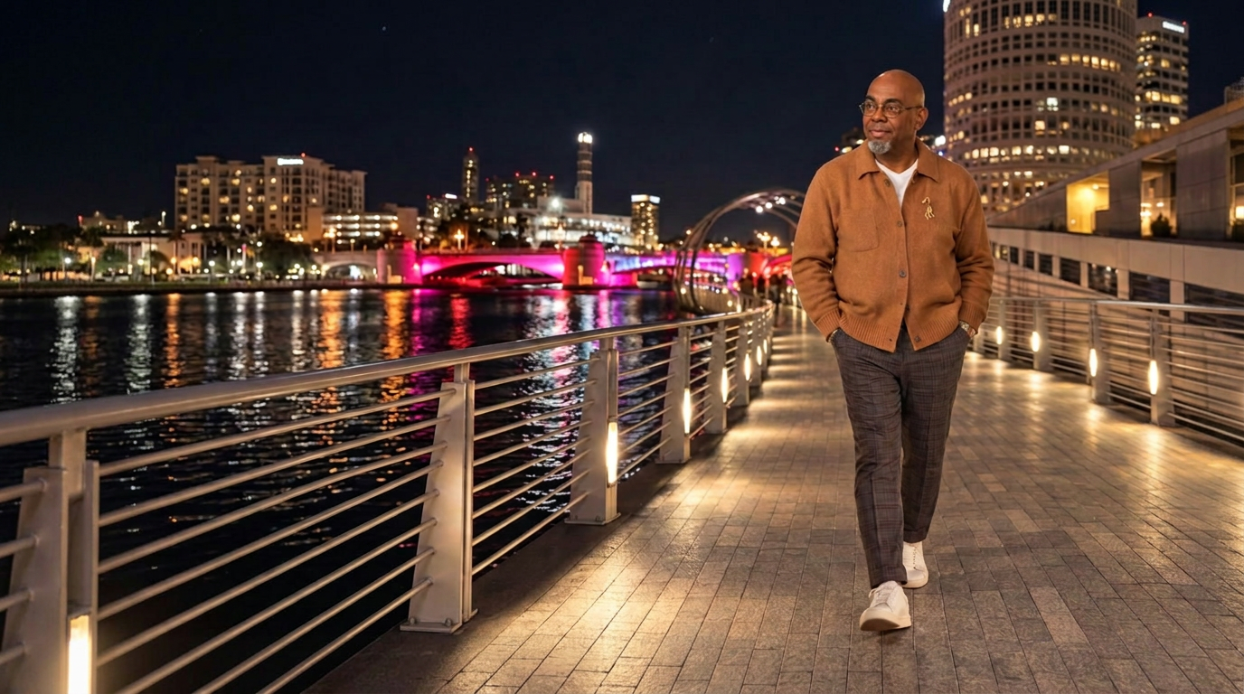 Ricc Rollins walking the Tampa Riverwalk at night